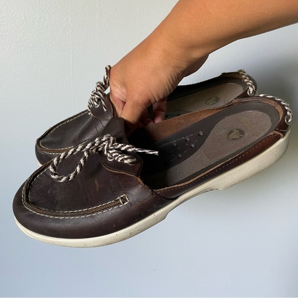 CROCS Shoes - Crocs Brown Leather Slip on Mules Boat Comfort Slides Size 9